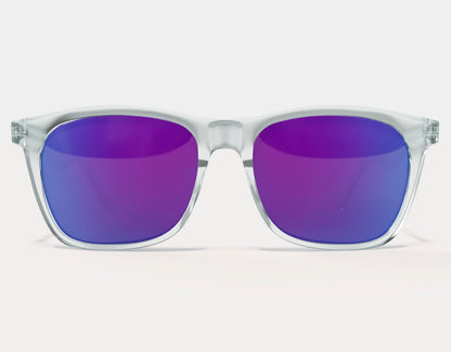 Front view of Classic 165mm XXL extra wide sunglasses in Clear – vibrant purple lenses with a clear frame for big heads.