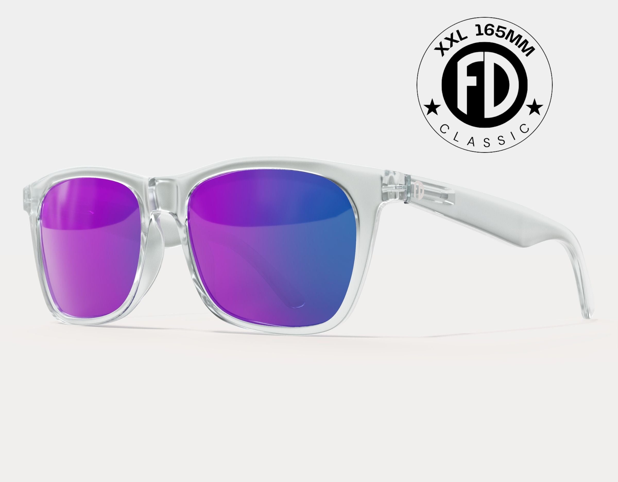 Classic 165mm XXL polarised sunglasses in Clear with purple lenses – oversized frame for big heads with standout lens contrast.