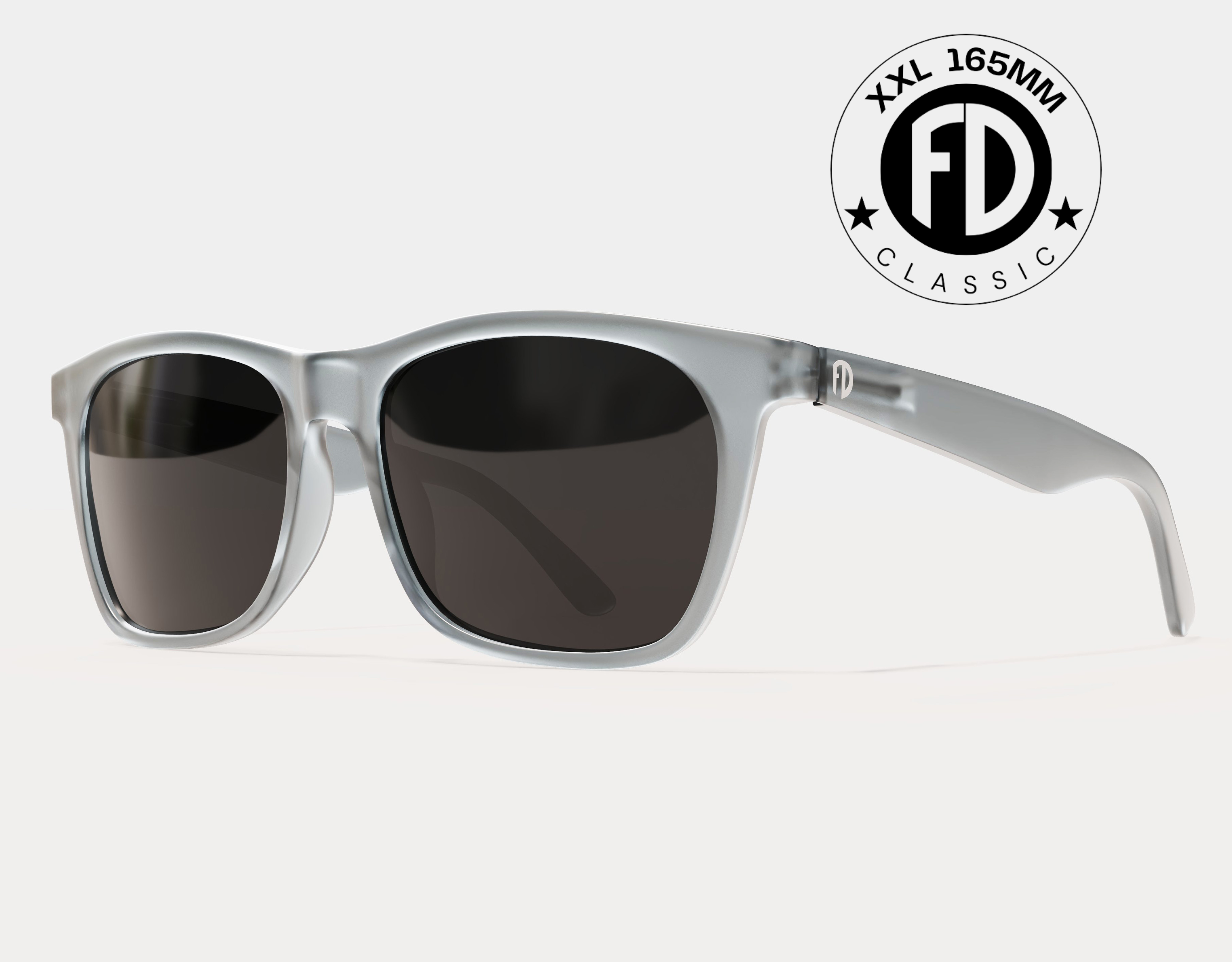 Classic 165mm XXL grey slate sunglasses for big heads with black smoke polarised lenses – extra wide and refined for everyday style.