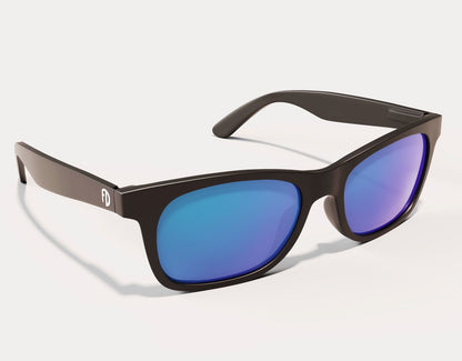 Side profile of The Gent 165mm XXL extra wide sunglasses in Black – clean frame and bold mirrored lenses.