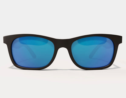 Front view of The Gent 165mm XXL wide sunglasses in Black with blue ice lenses – secure fit with eye-catching lens tint.