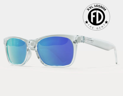 The Gent 165mm XXL wide sunglasses for big heads in Clear with blue ice polarised lenses – bold clarity with a cool lens pop.