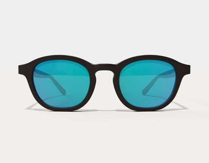 Front view of The Scholar 165mm XXL sunglasses for people with big heads – black frame with polarised blue ice lenses.