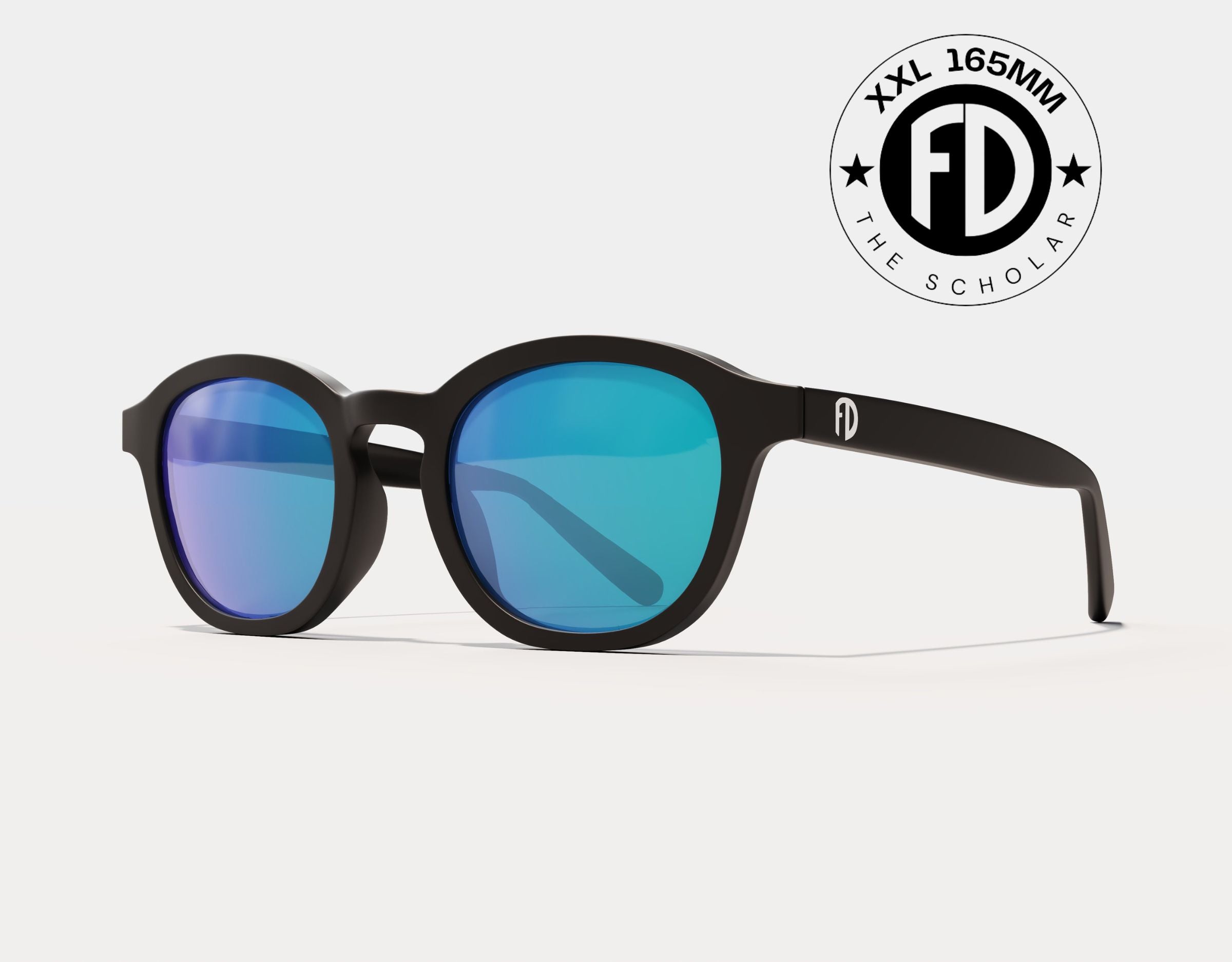 The Scholar 165mm XXL large sunglasses in Black with blue ice polarised lenses – wide frame with cool-toned lens flair.