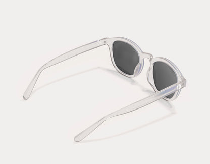 Rear view of The Scholar 165mm XXL large frame sunglasses in Clear – extra wide fit with a minimalist modern twist.