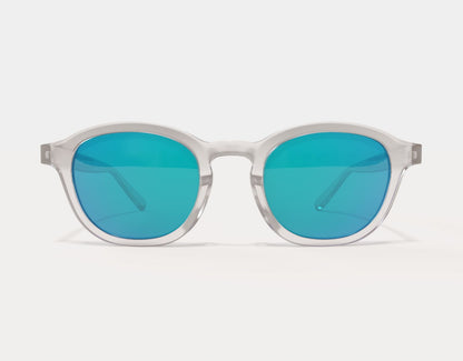 Front view of The Scholar 165mm XXL large sunglasses in Clear with blue ice lenses – standout polarised finish for big heads.