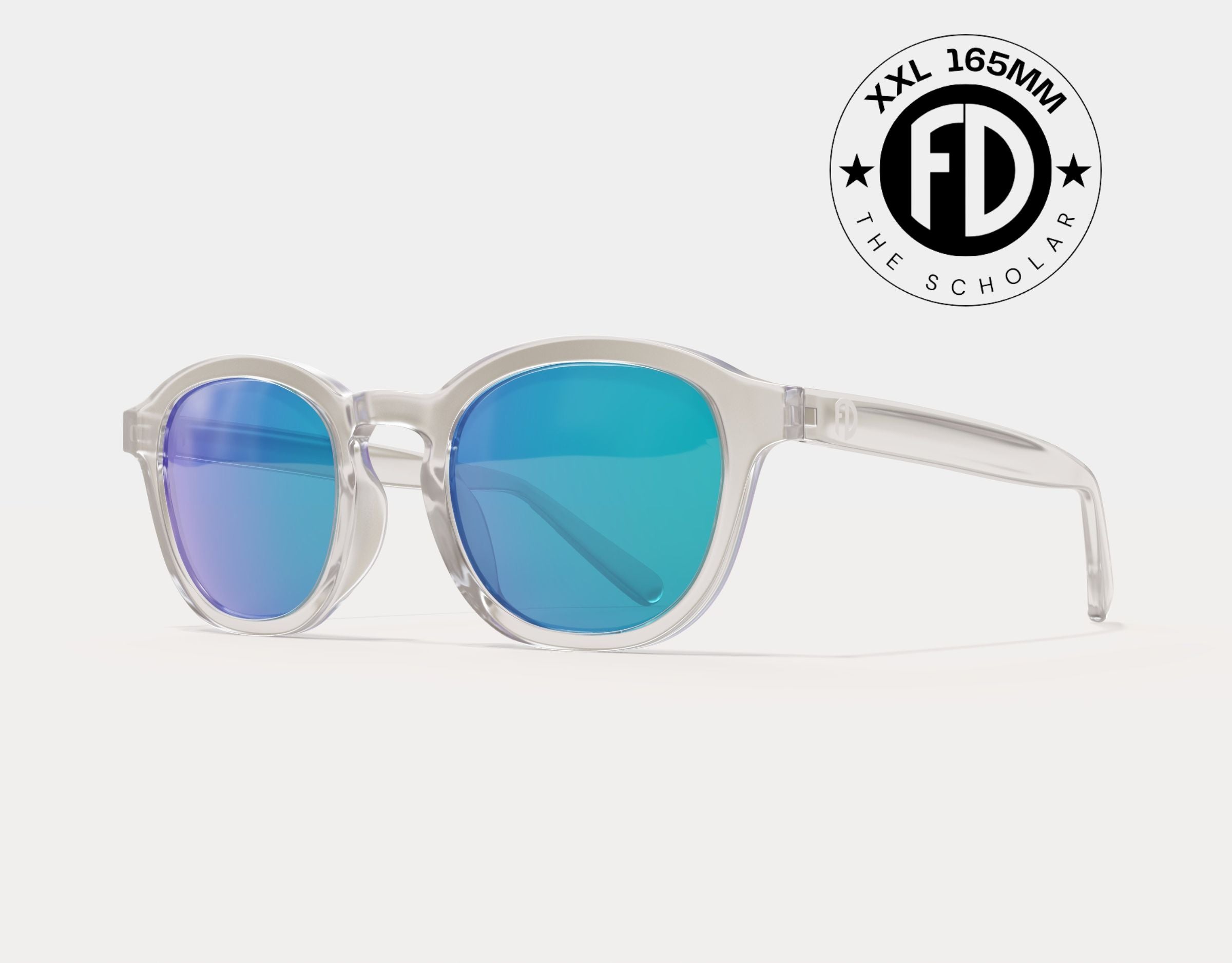 The Scholar 165mm XXL extra wide sunglasses in Clear with blue ice polarised lenses – bold contrast and oversized fit.