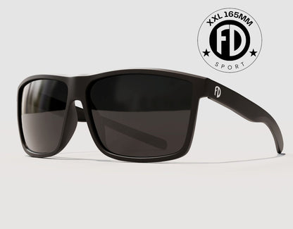 Sport 165mm XXL polarised sport sunglasses for big heads in Black with black smoke lenses – extra wide fit for active comfort.