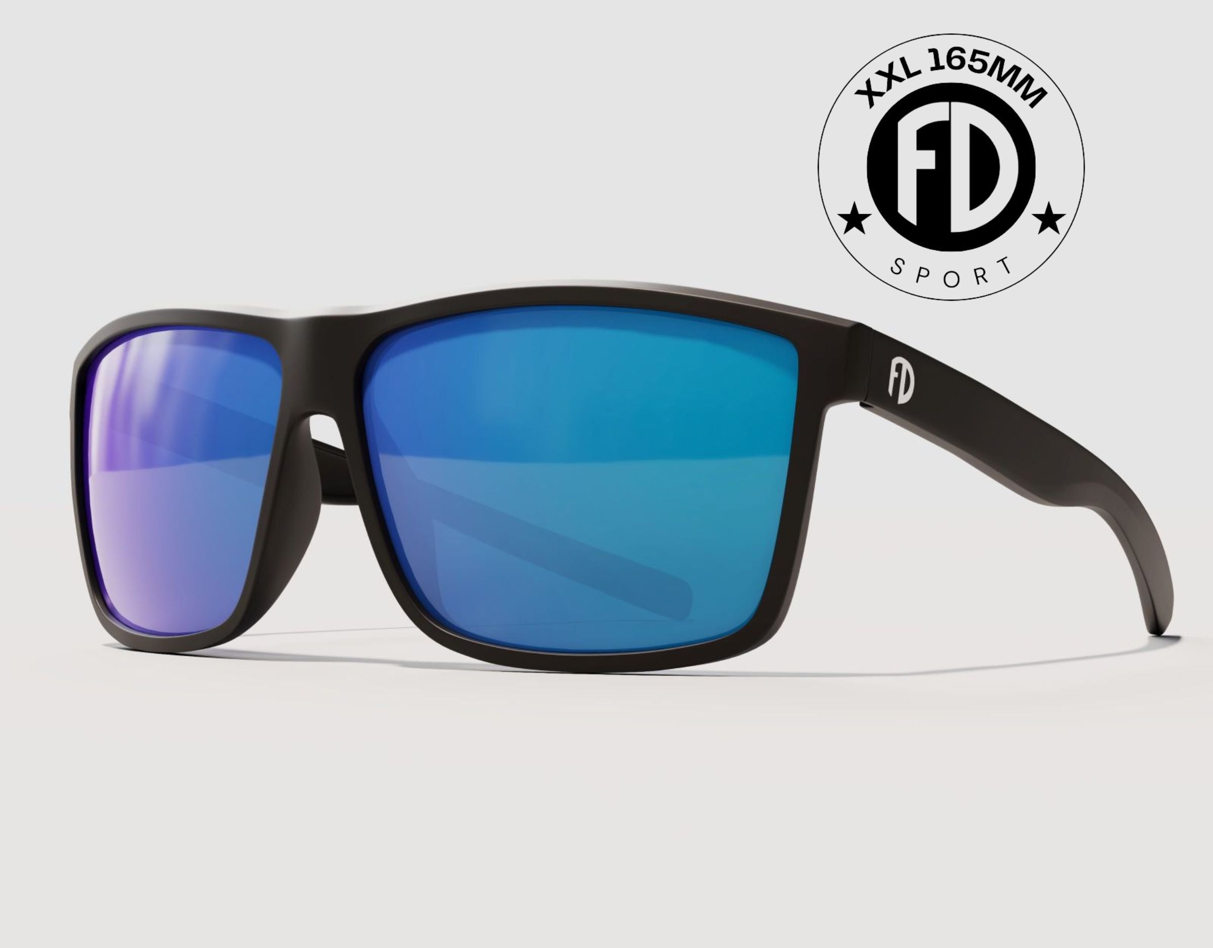 Sport 165mm XXL polarised sport sunglasses in Black with blue ice lenses – bold colour and wide fit for big head comfort.