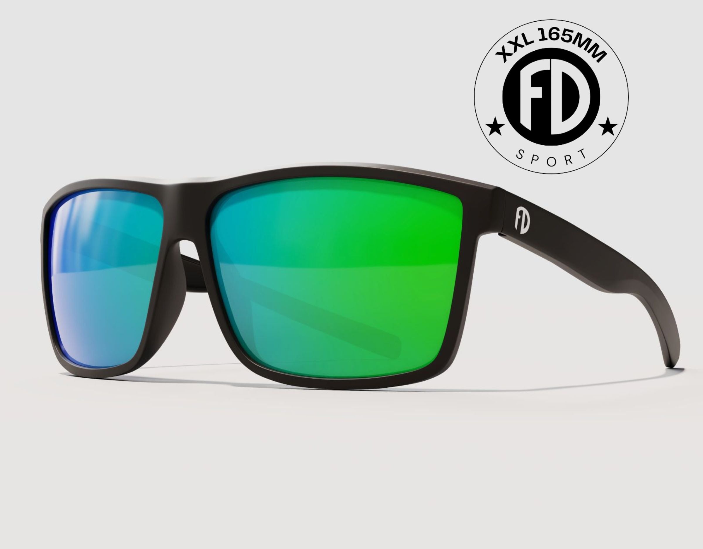 Sport 165mm XXL polarised sunglasses for big heads in Black with green/blue lenses – extra wide fit with mirrored finish.