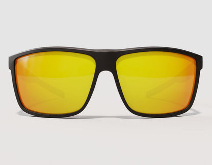 Front view of Sport 165mm XXL shades for big heads in Black with yellow solar lenses – wide fit and enhanced visibility.