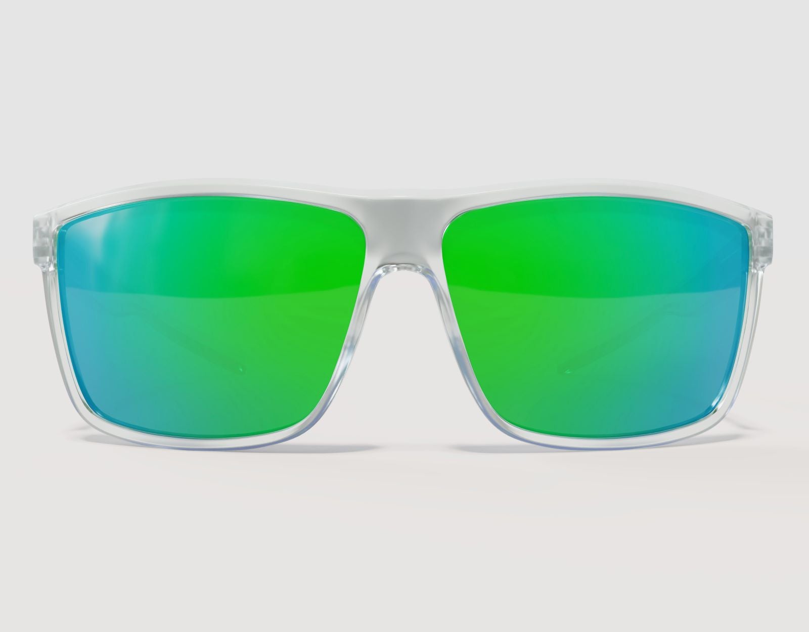 Front view of Sport 165mm XXL wide fit sunglasses in Clear with mirrored green/blue lenses – bold look for active wear.