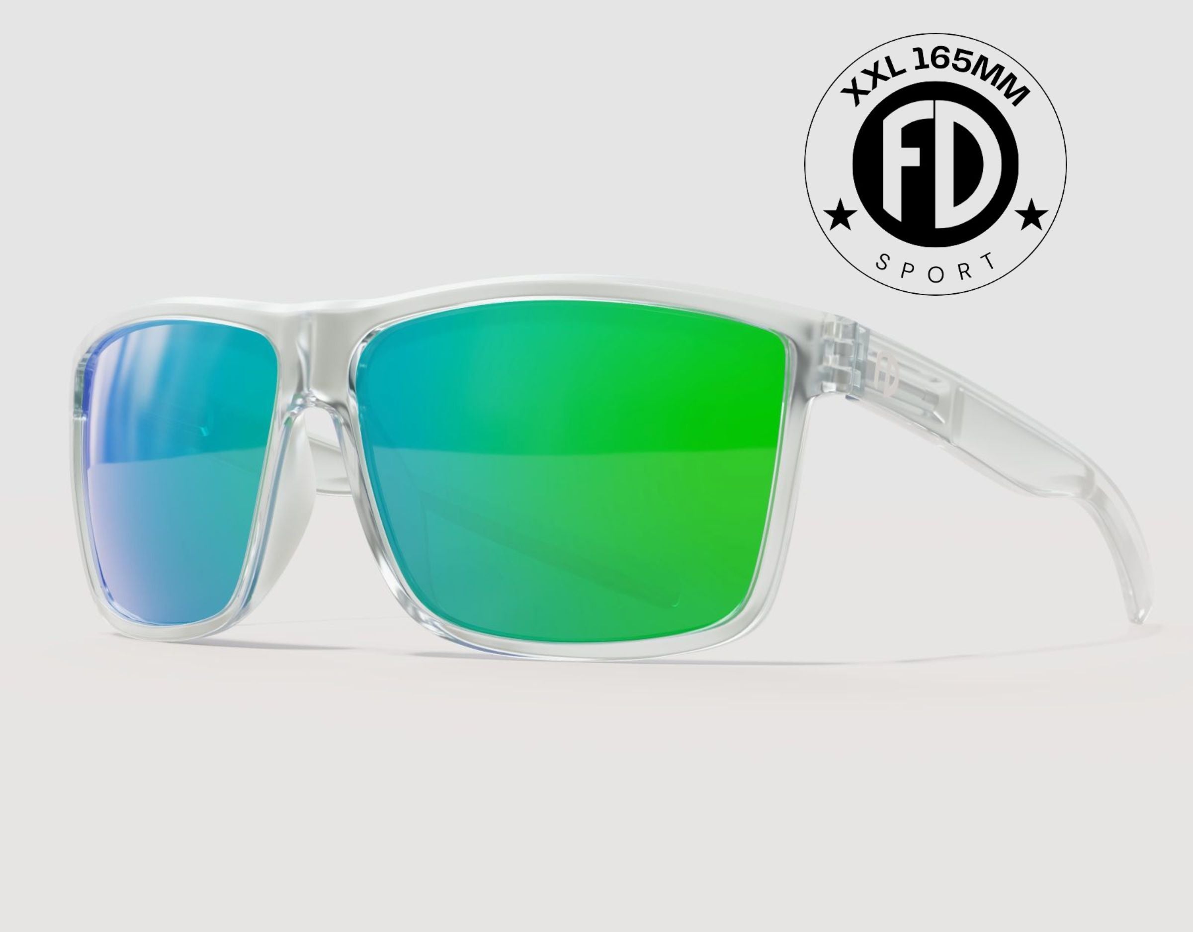 Sport 165mm XXL polarised sport sunglasses in Clear with green/blue lenses – modern oversized frame for big heads.