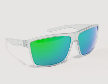 Side profile of Sport 165mm XXL polarised sunglasses for big heads in Clear – oversized wraparound fit with mirrored lenses.