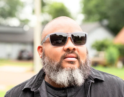 Model wearing Sport 165mm XXL extra wide sports sunglasses in Grey Slate – polarised and built for active big heads.